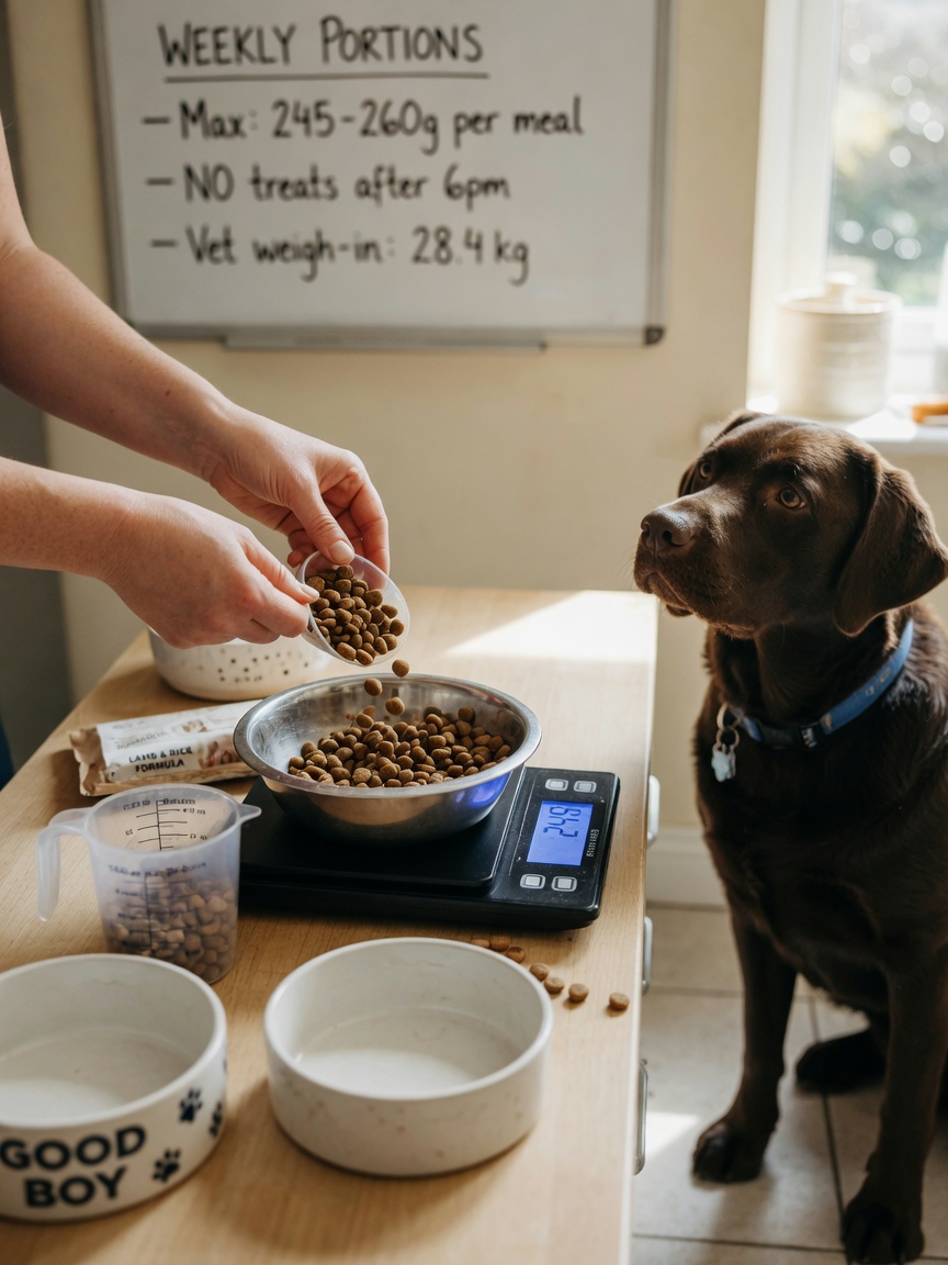 Hundehalter wiegt Kibble auf einer Küchenwaage ab, aufmerksamer Labrador in der Nähe