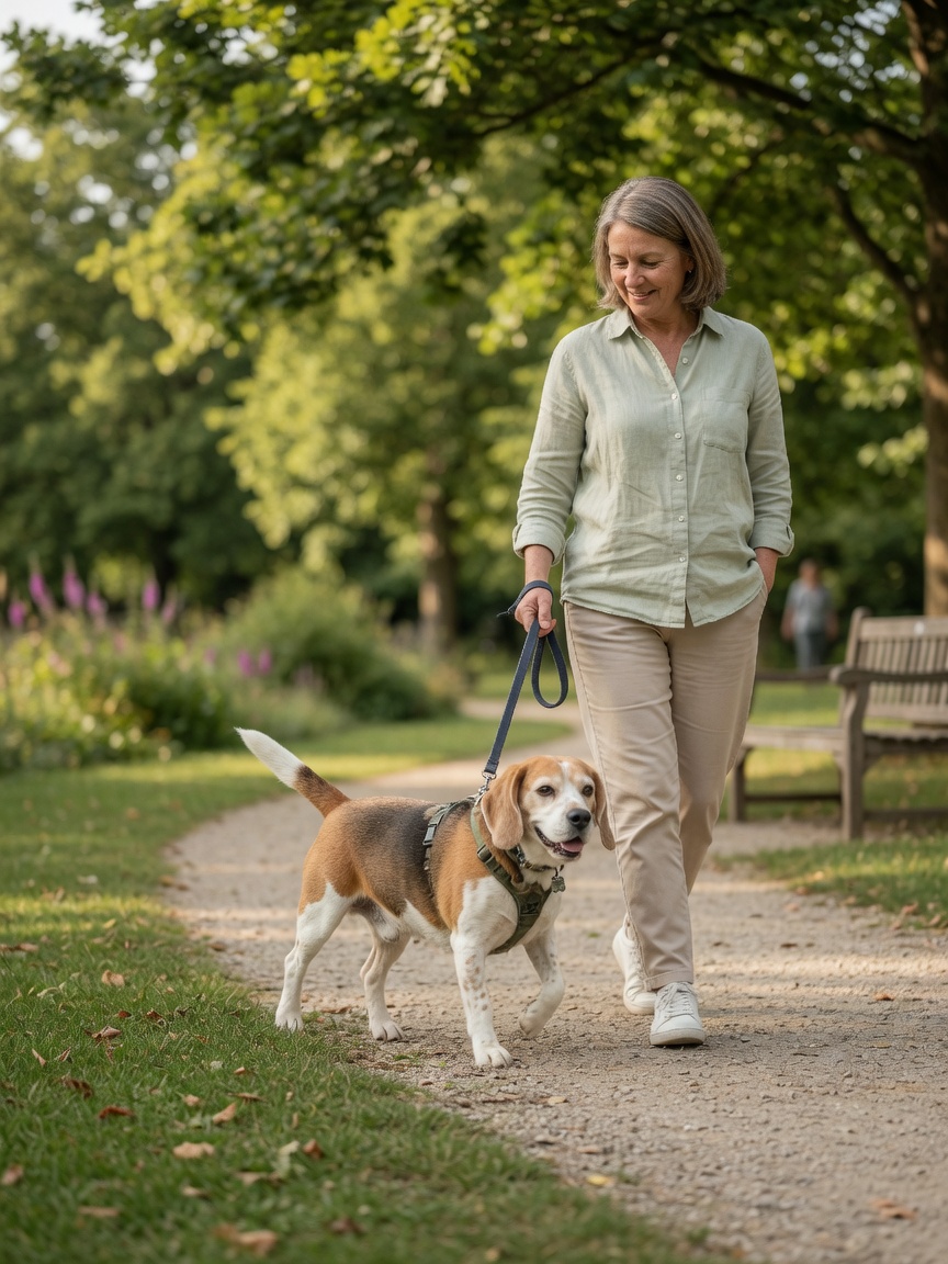 Frau und übergewichtiger Beagle bei einem sanften Spaziergang durch einen Park