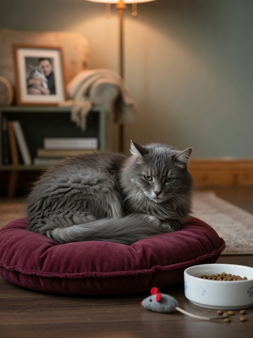 A withdrawn grey cat rests on a cushion beside an untouched food bowl, displaying signs of grief and appetite loss