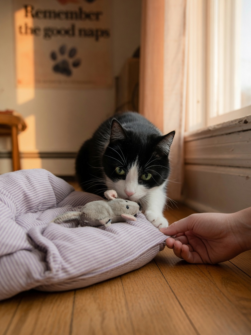 A grieving cat investigates a deceased companion's bedding and toys, reconnecting with familiar scents during the bereavement process