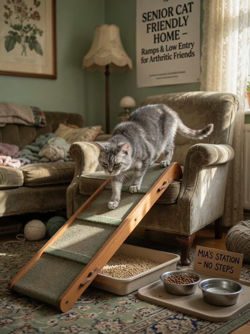 An elderly grey cat using a wooden ramp to access furniture, with low-sided litter tray and food bowls positioned on the same level nearby