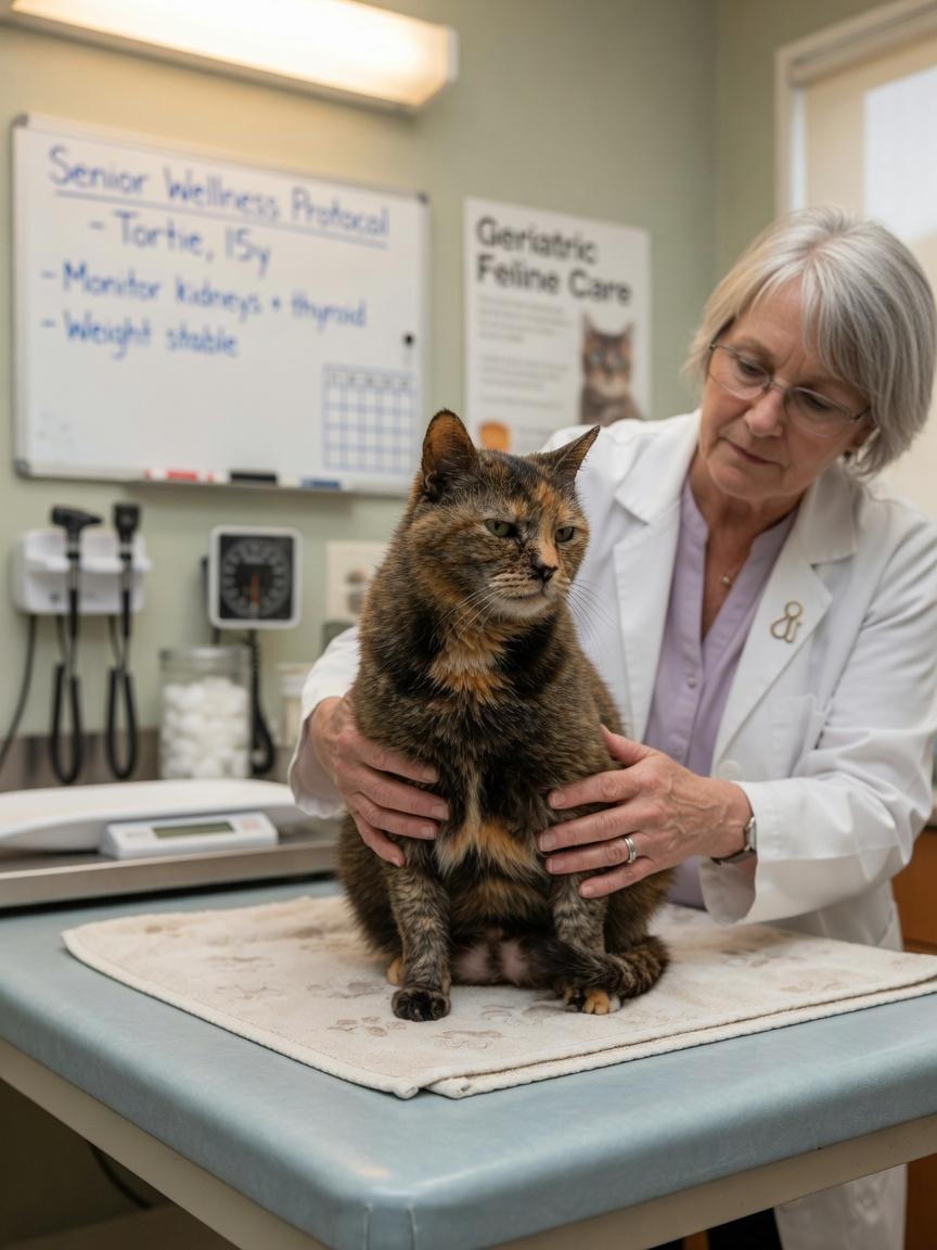 A senior tortoiseshell cat during a gentle veterinary examination with a caring veterinarian performing a health check