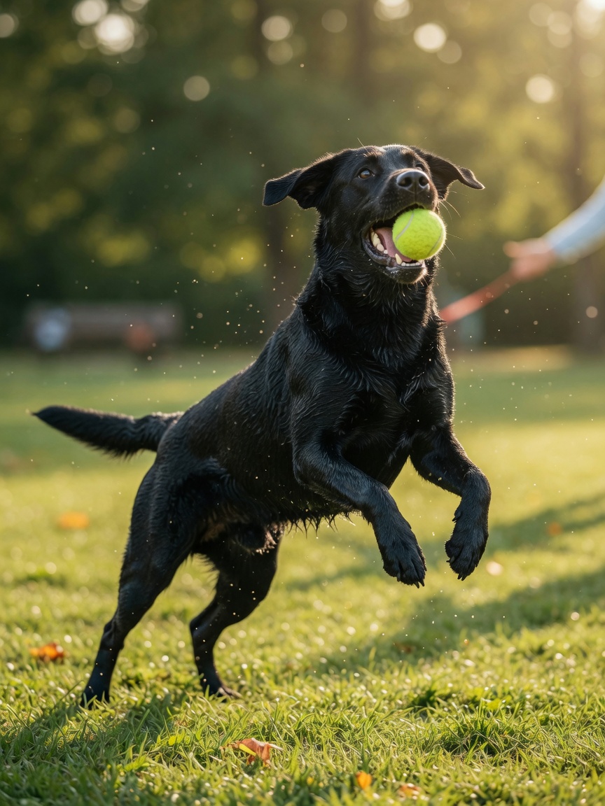 Black Labrador retriever leaping to catch a ball during afternoon exercise in a sunny park
