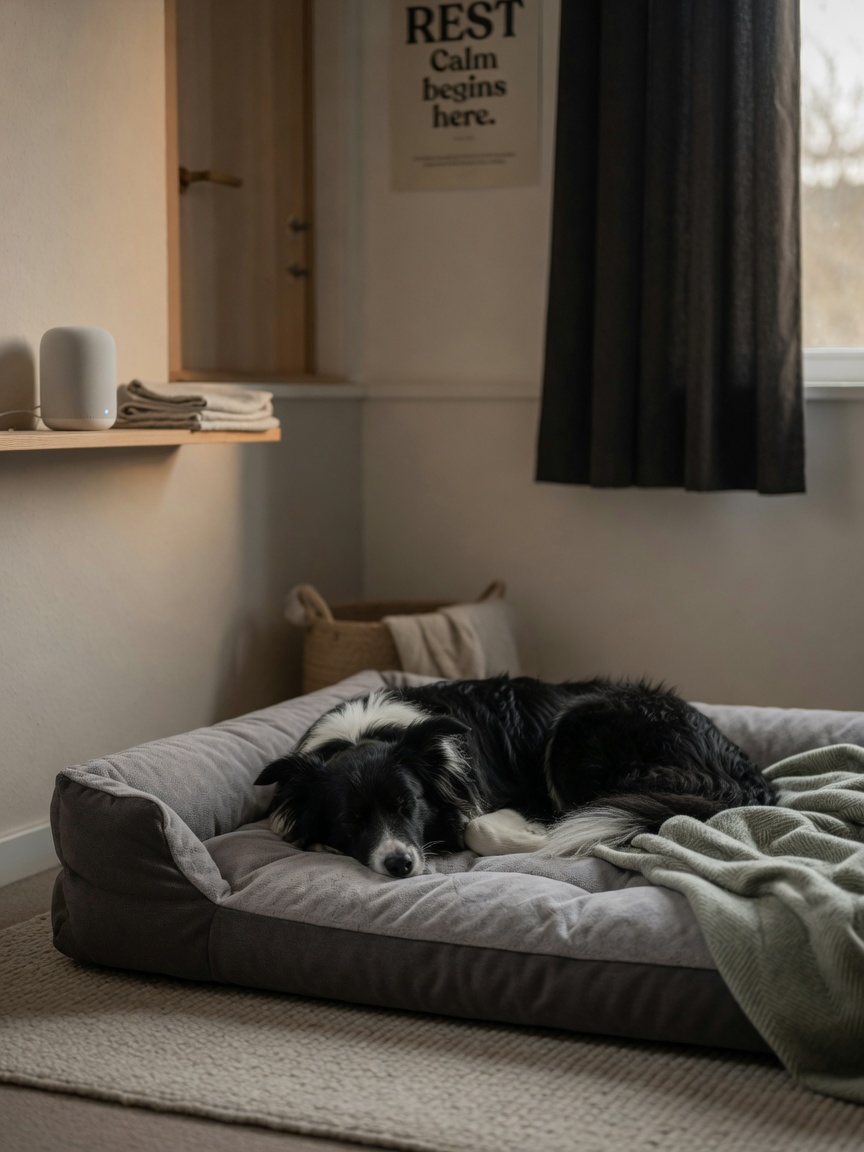 Border collie resting on a plush bed in an ideal sleep environment with dimmed lighting and minimal distractions
