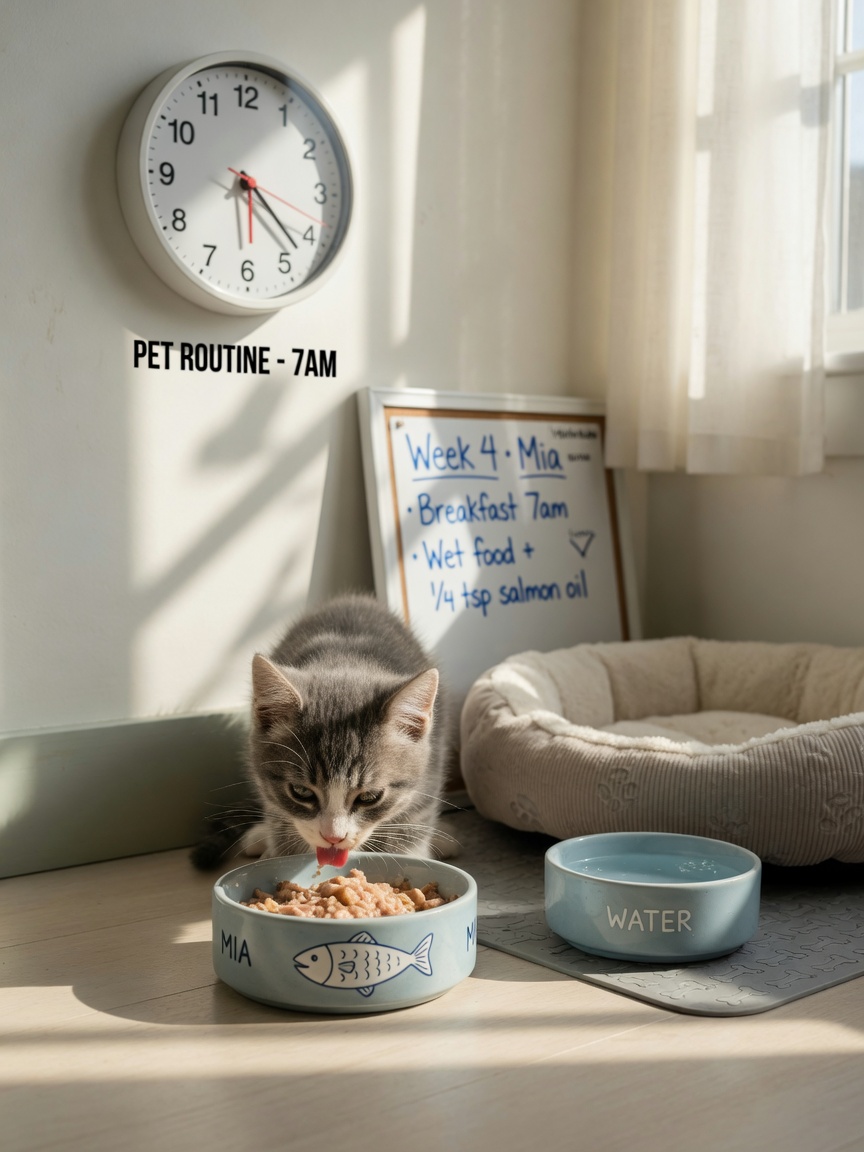 A kitten eating from a food bowl during a scheduled mealtime in a calm, well-lit room with consistent daily routine setup.