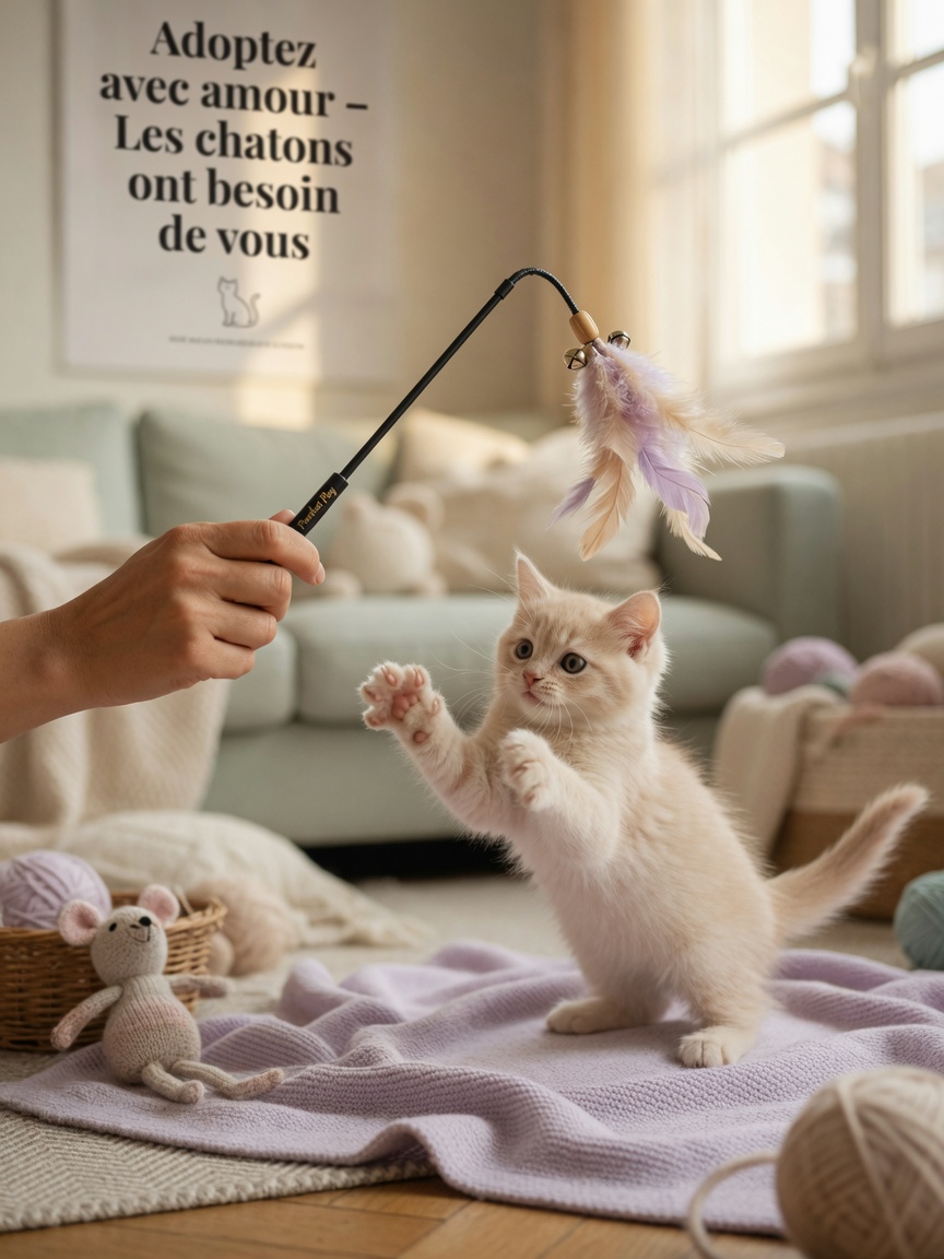 A person playing gently with a cream kitten using a wand toy, bonding through interactive play in natural window light.