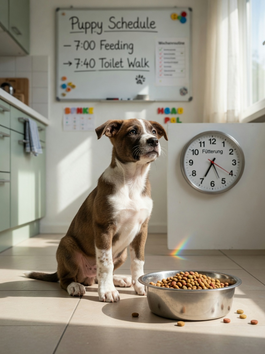 Puppy with food bowl during feeding time, demonstrating consistent routine for predictable toilet breaks