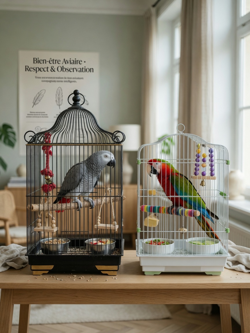 Duas gaiolas de pássaros separadas colocadas perto uma da outra com ambos os papagaios visíveis dentro do seu próprio espaço com brinquedos e tigelas de comida