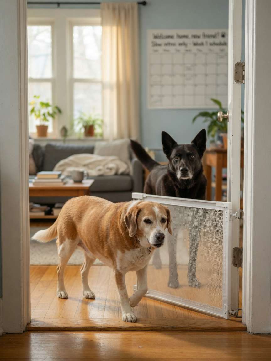 Huishoudhond respectvol als eerste naar binnen gaan terwijl nieuwe hond wacht, correct introductieprotocol