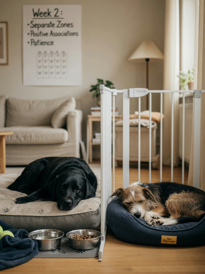 Twee honden veilig gescheiden door babyluik in huis tijdens vestigingsperiode, elk met eigen rustplaats