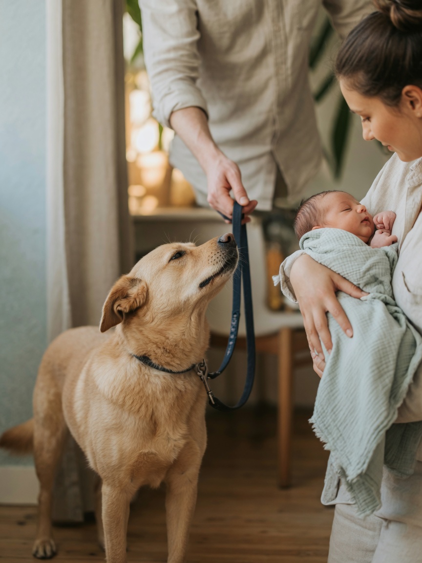 A leashed dog at a distance from a parent holding a newborn, sniffing the air as the dog takes in the baby's scent during their first introduction
