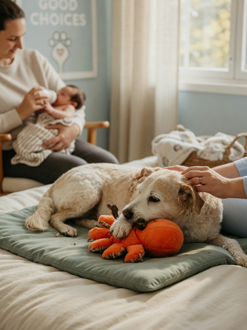 A relaxed dog enjoying a food-stuffed toy with praise from a parent while a parent holds a baby in the blurred background, showing positive association building