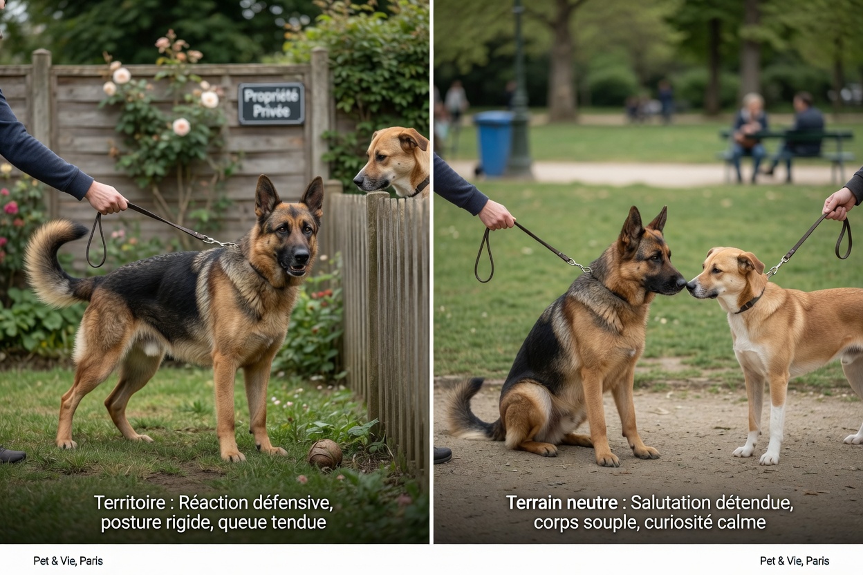 Comparison showing stressed territorial dog introduction versus calm neutral-ground introduction displaying the impact of location on dog behavior