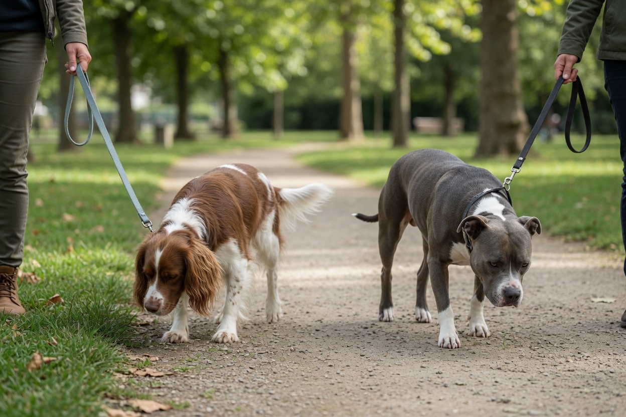 Two dogs walking parallel on loose leads in a park during the initial introduction phase, demonstrating calm, non-focused behavior and relaxed body language
