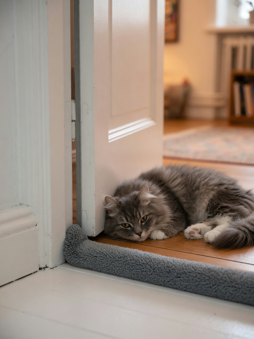 A grey and white cat resting on the floor behind a door fitted with a grey draught excluder strip