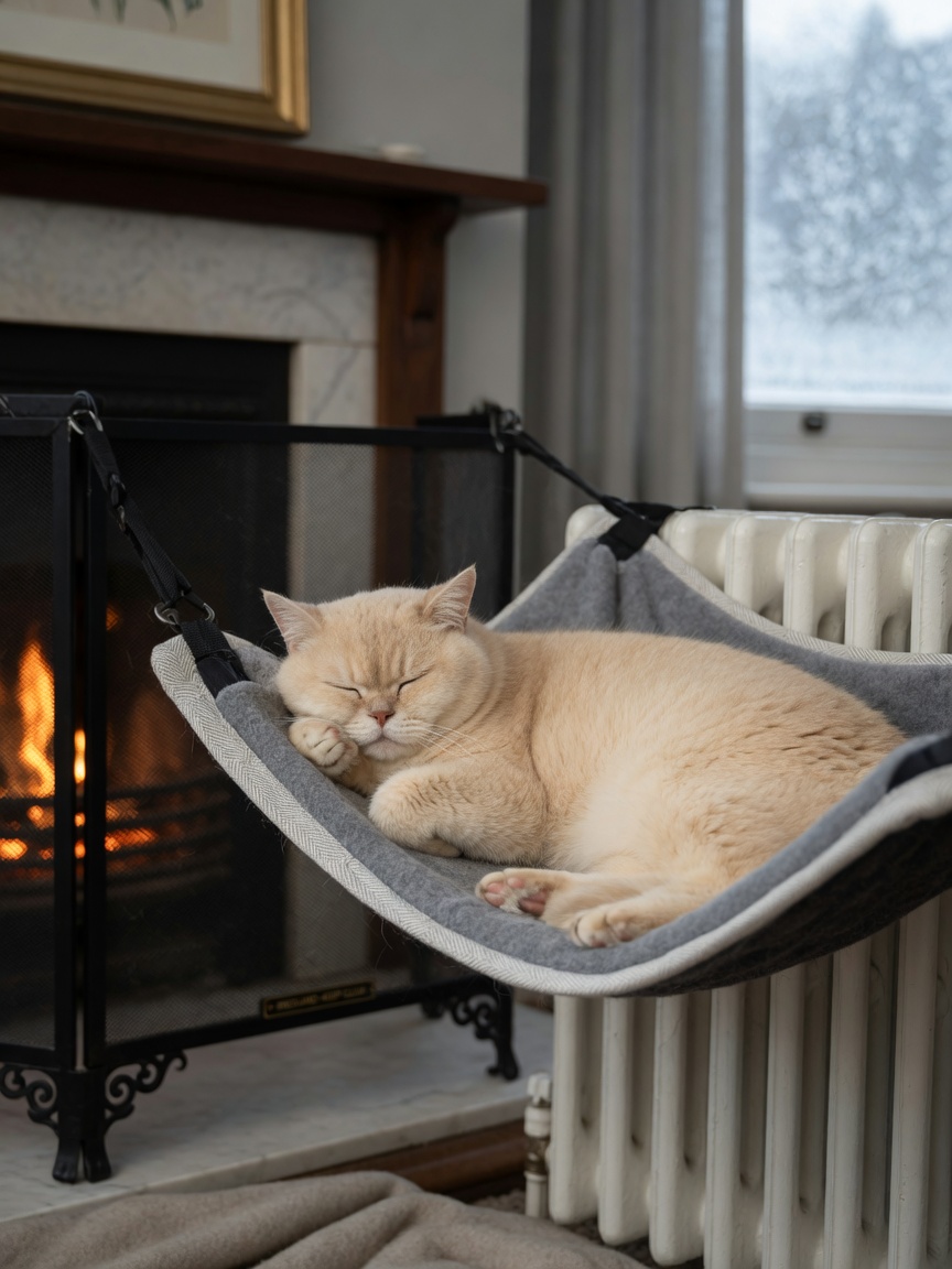 A senior cream British Shorthair cat lounging in a radiator hammock with a fireplace and protective guard visible in the background