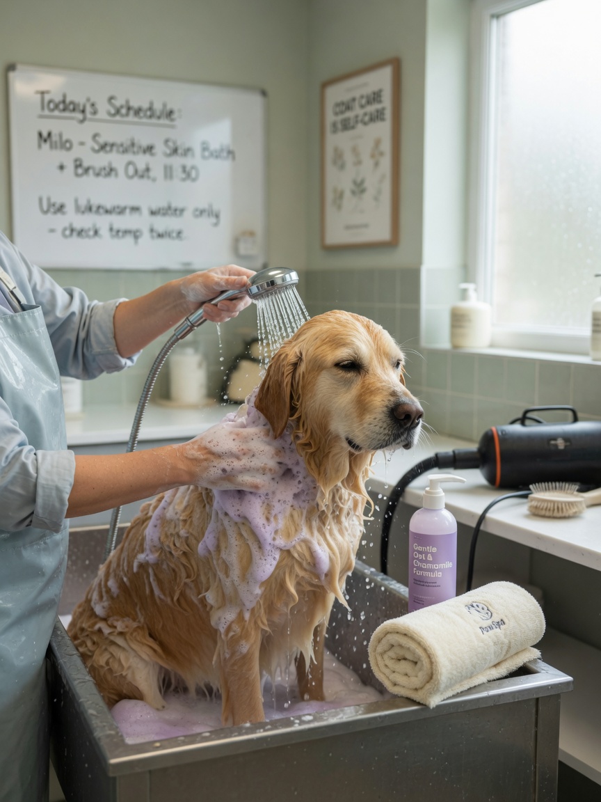 Hund wird während einer professionellen Grooming-Sitzung mit warmem Wasser und hundespecifischem Shampoo gebadet