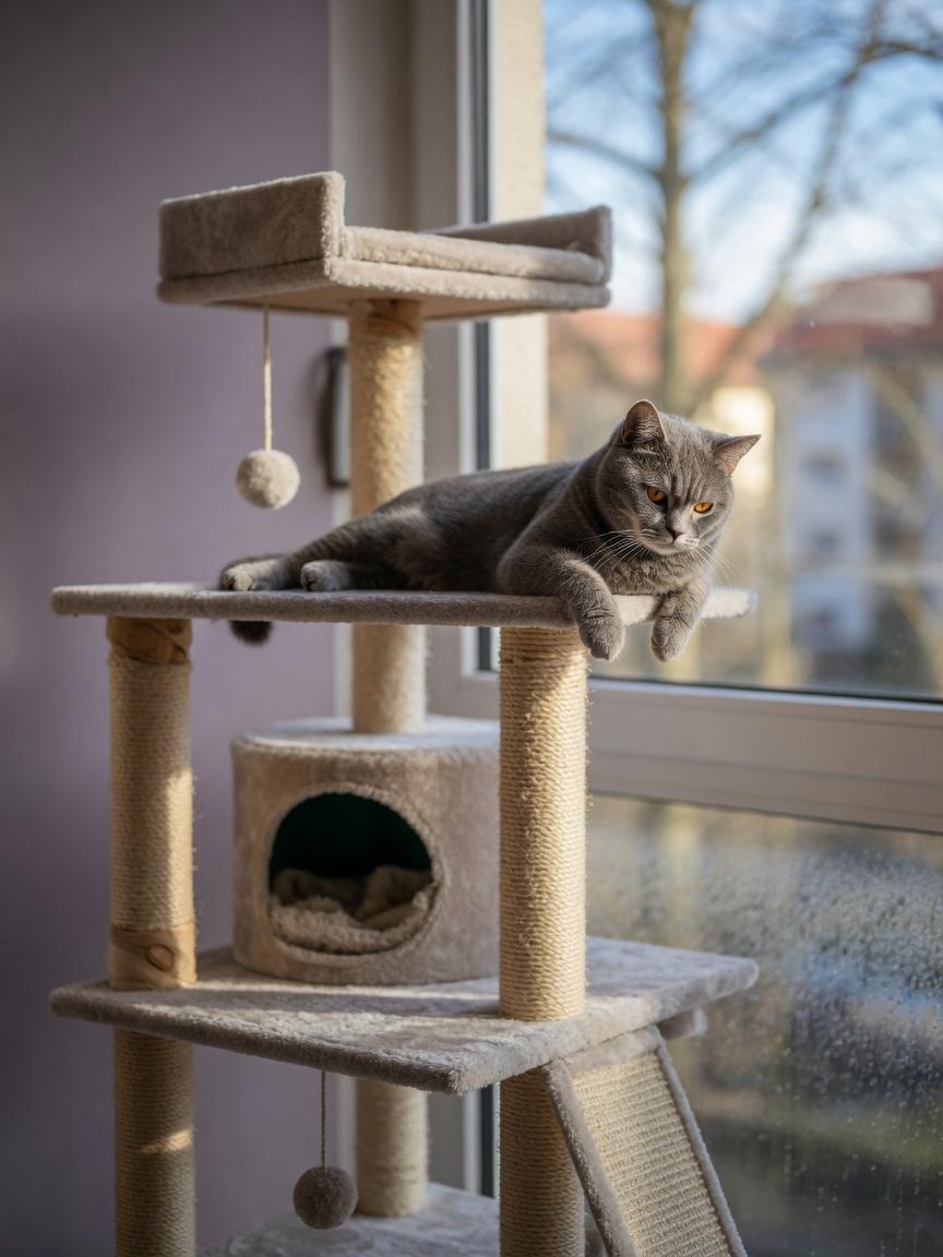 A confident gray cat resting on a tall cat tree with multiple levels near a sunlit window