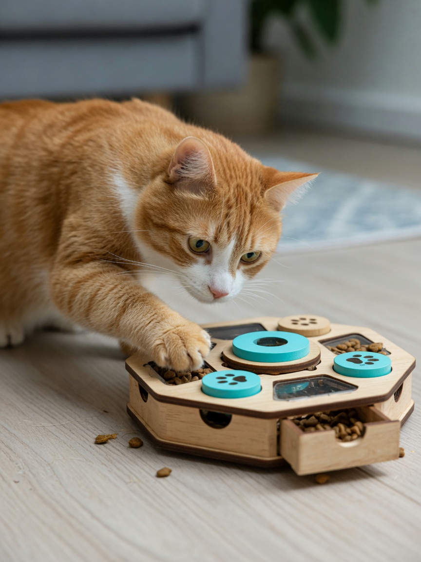 An engaged tabby cat problem-solving with a puzzle feeder toy, using paw to extract kibble