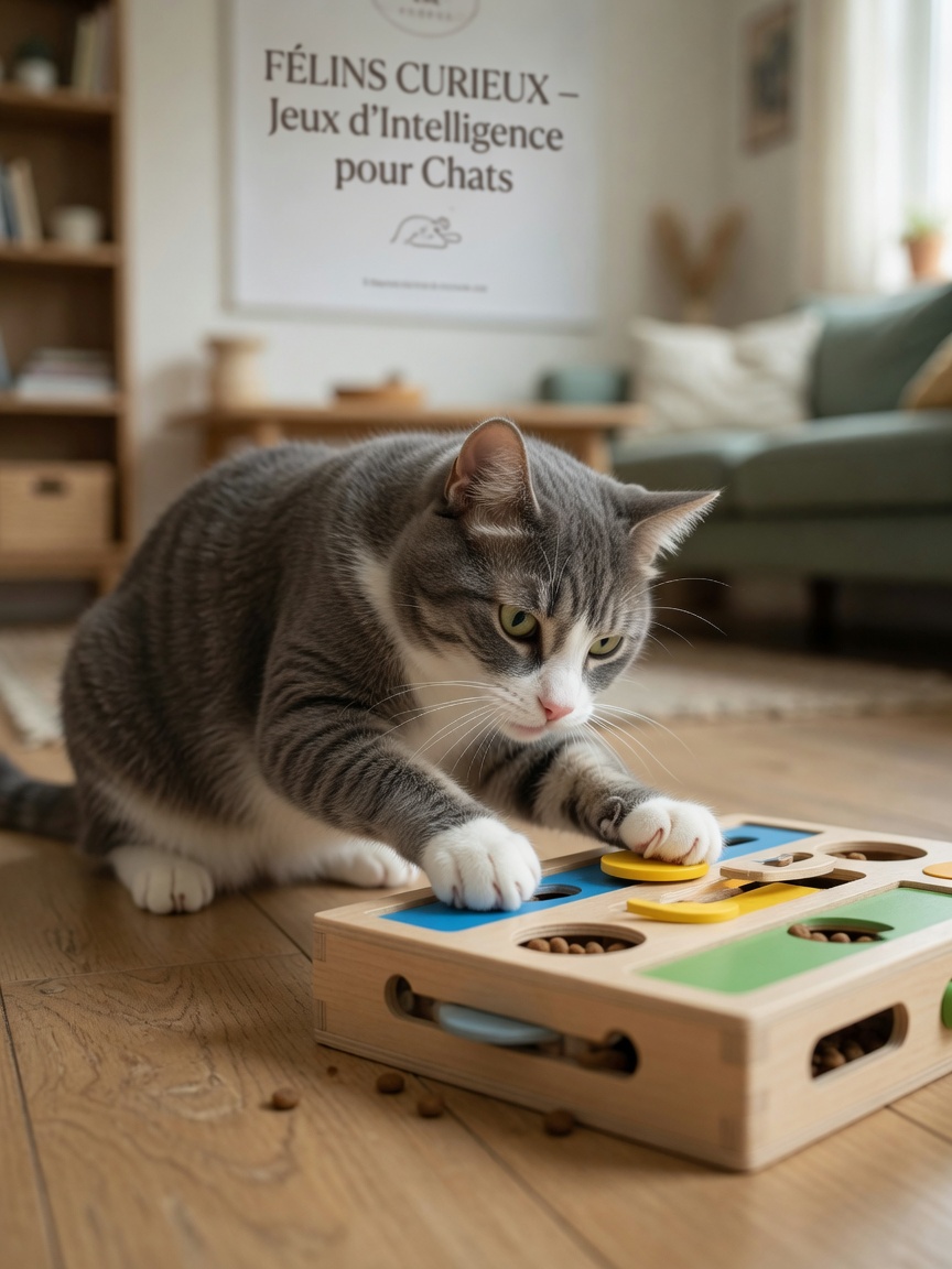 A cat playing with an interactive puzzle feeder toy on the floor, demonstrating mental enrichment