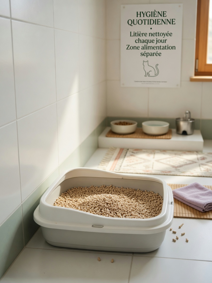 A properly positioned clean litter box in a bathroom corner, separated from food and water bowls