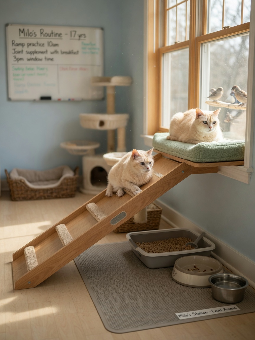 Senior cat-friendly home with stepped ramp, accessible litter box and feeding area on the same level