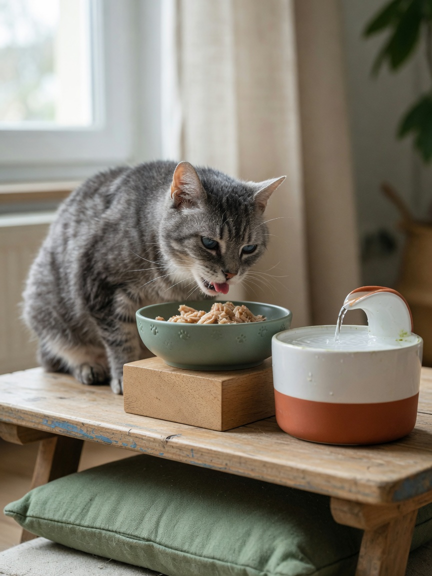 Senior cat eating from an elevated food bowl next to a water fountain, demonstrating ergonomic feeding setup