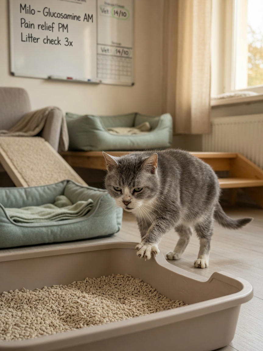 Senior cat approaching a low-entry litter tray, showing accessible bathroom solution for aging cat with joint concerns