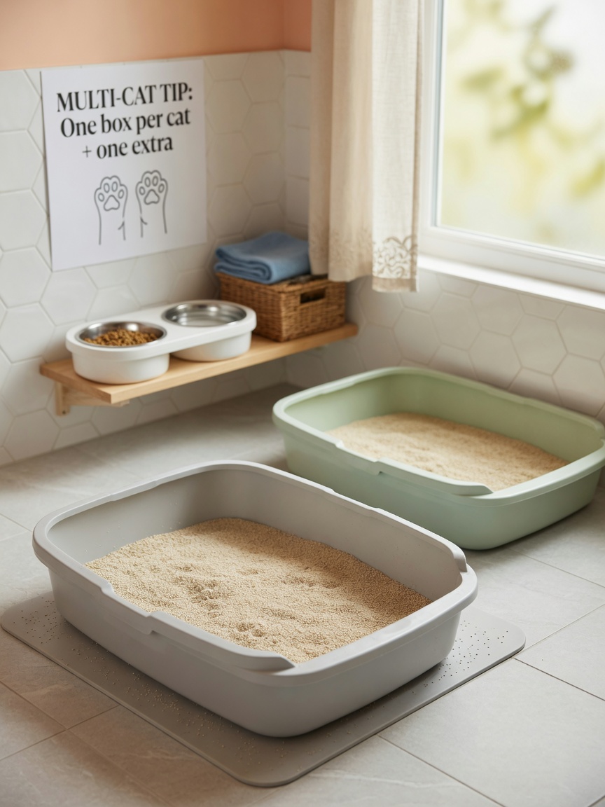 Two open litter boxes positioned in a bright home corner, demonstrating proper setup away from feeding areas and showing multiple-box arrangement.