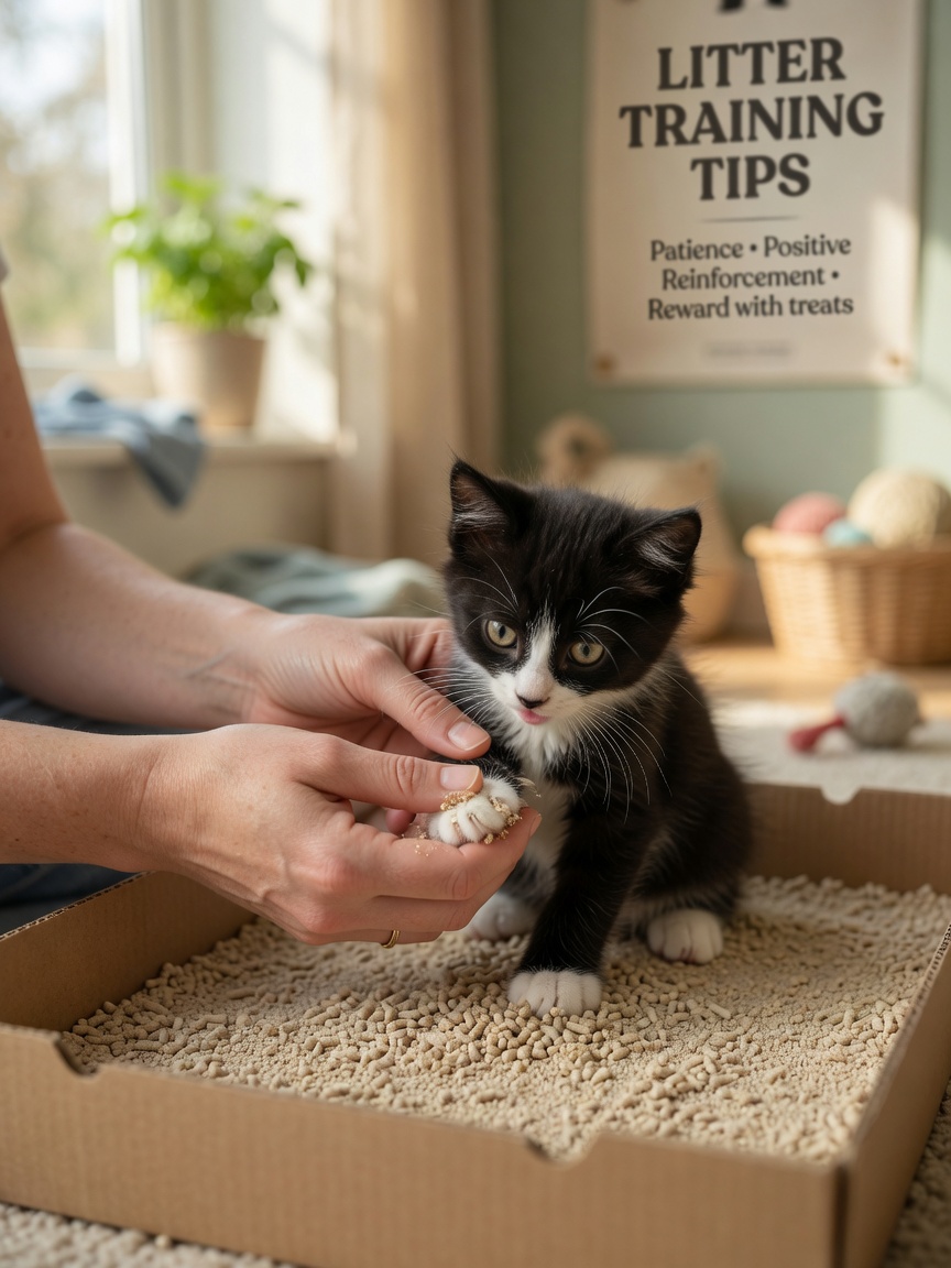 Human hands gently guiding a black and white kitten's paw through litter in an open box, demonstrating the scratching motion during training.