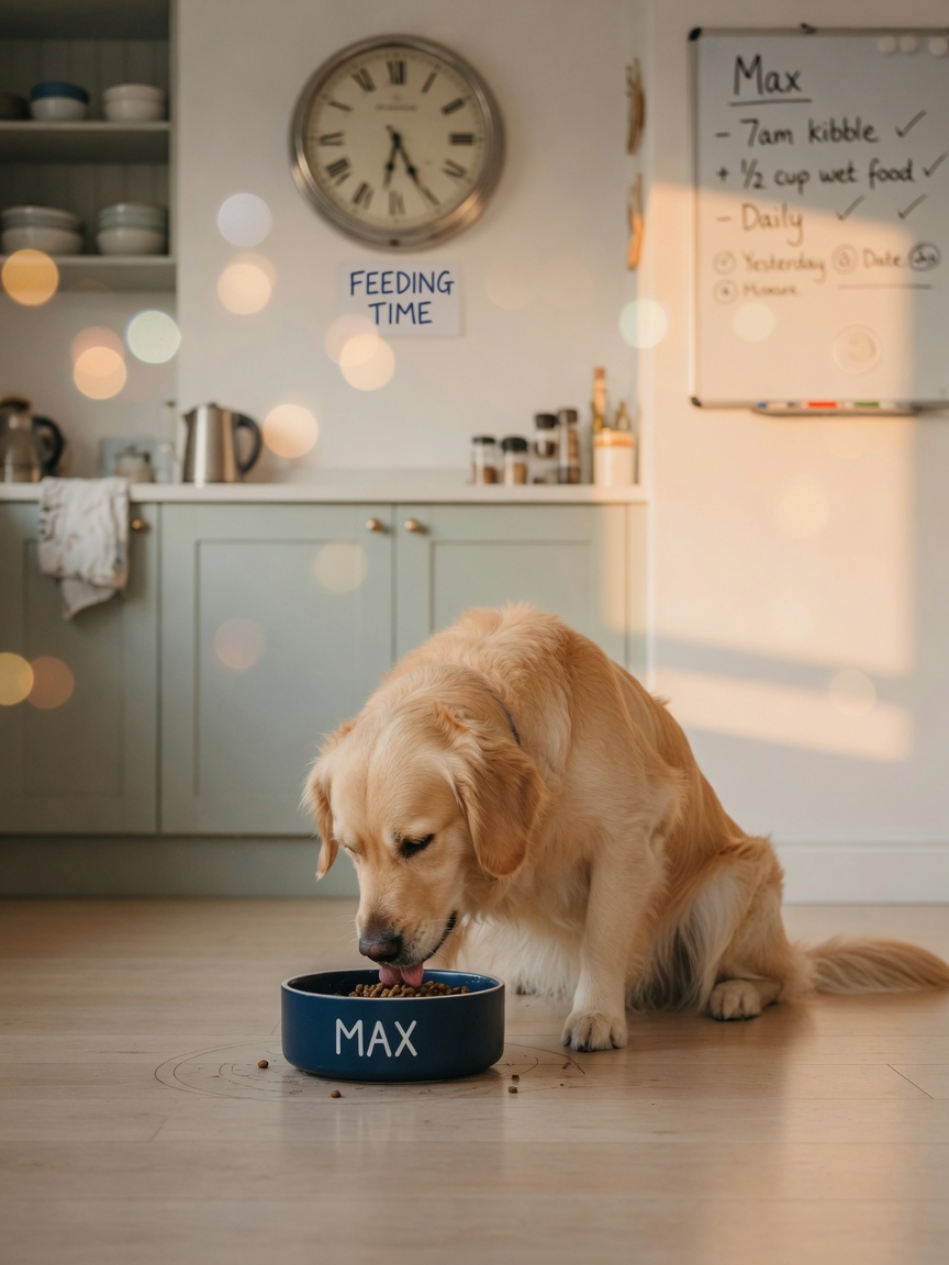 A dog eating contentedly from a food bowl in a consistent kitchen spot during morning light, demonstrating the security of routine feeding times.