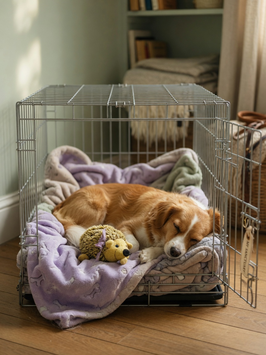 A dog resting peacefully in an open crate lined with soft blankets and toys in a quiet corner, demonstrating a safe retreat space.