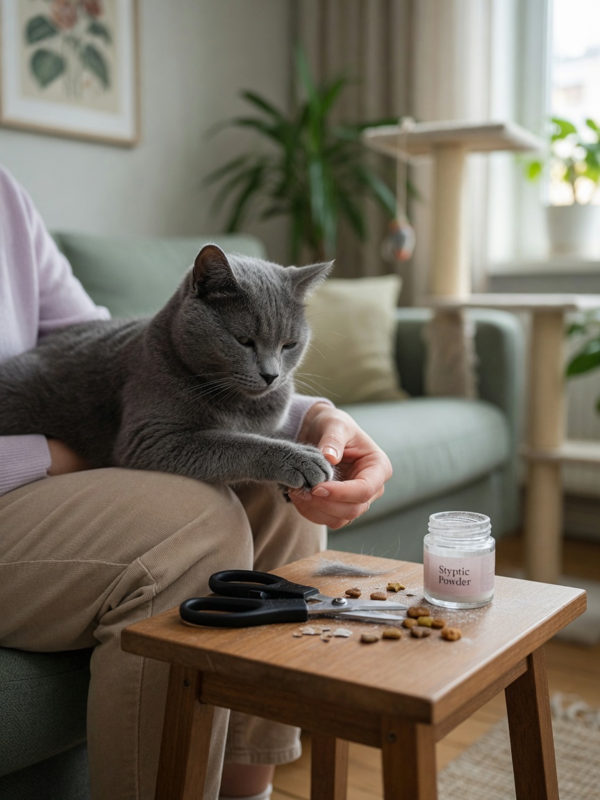 A grey cat sitting on owner's lap with nail clippers, styptic powder, and treats on a nearby table during a home grooming session