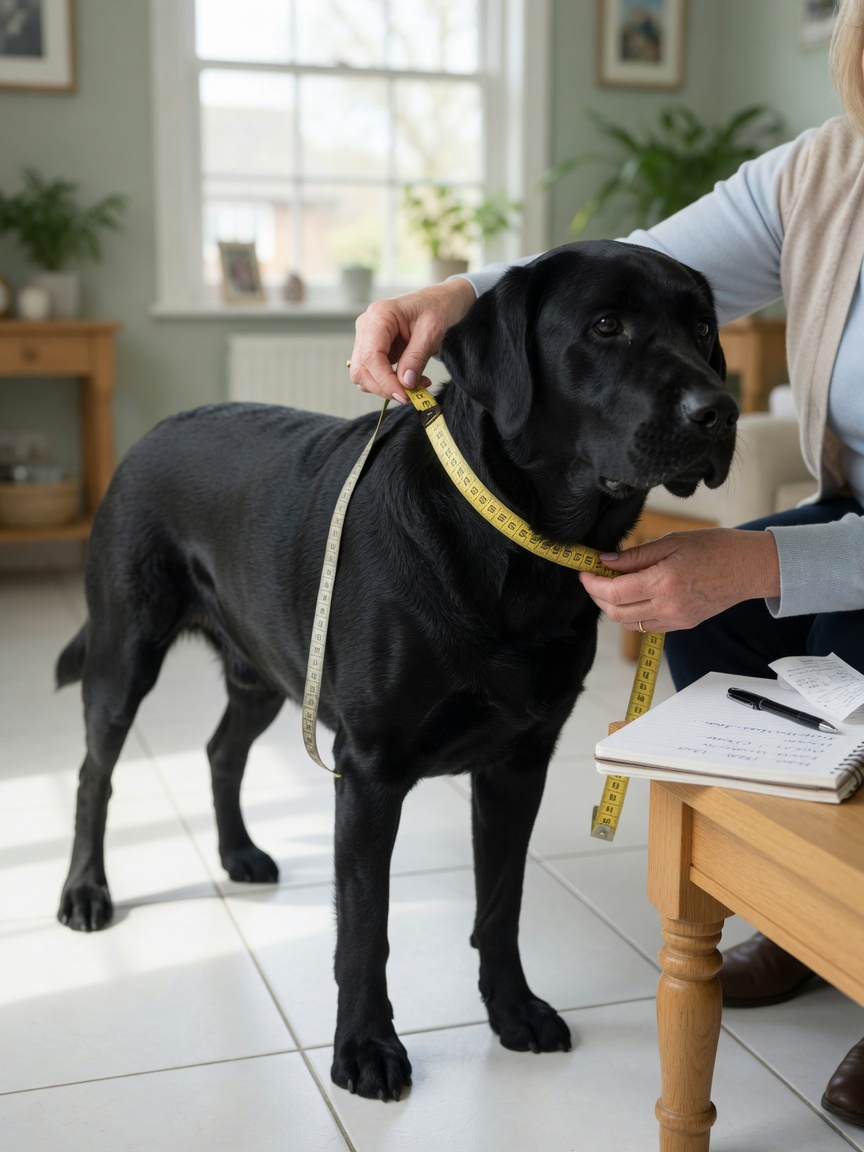 Owner measuring a dog's neck with a soft measuring tape for harness sizing