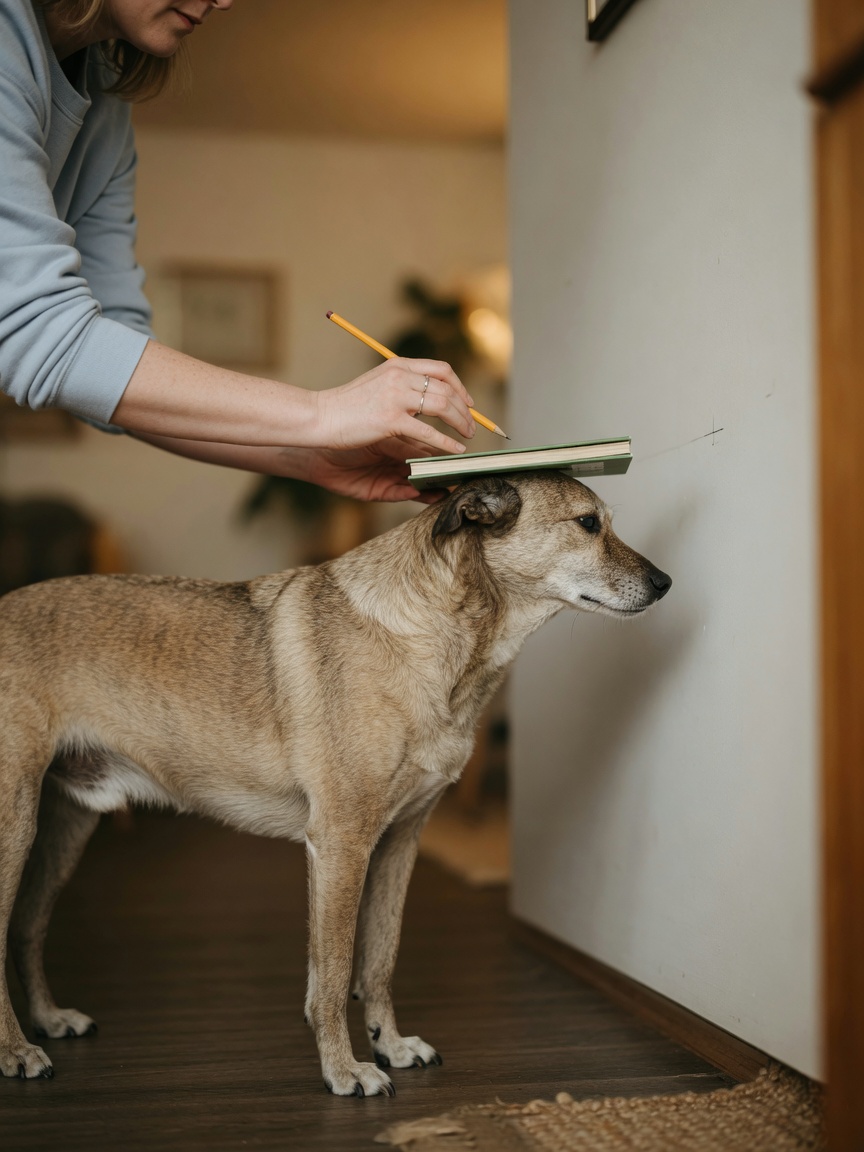 Dog owner using the wall measurement technique with a book and pencil to mark the dog's height