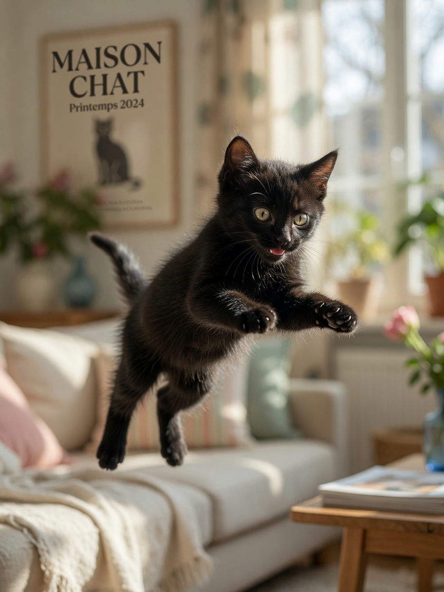 Playful black kitten jumping and pouncing in sunlit room