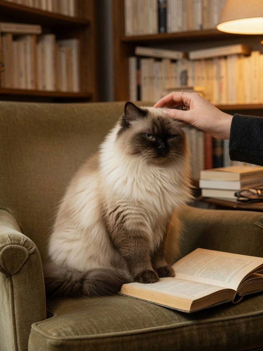 Elegant cat sitting by books while owner reads nearby