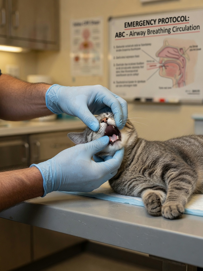 Veterinarian clearing a cat's airway during emergency CPR procedure