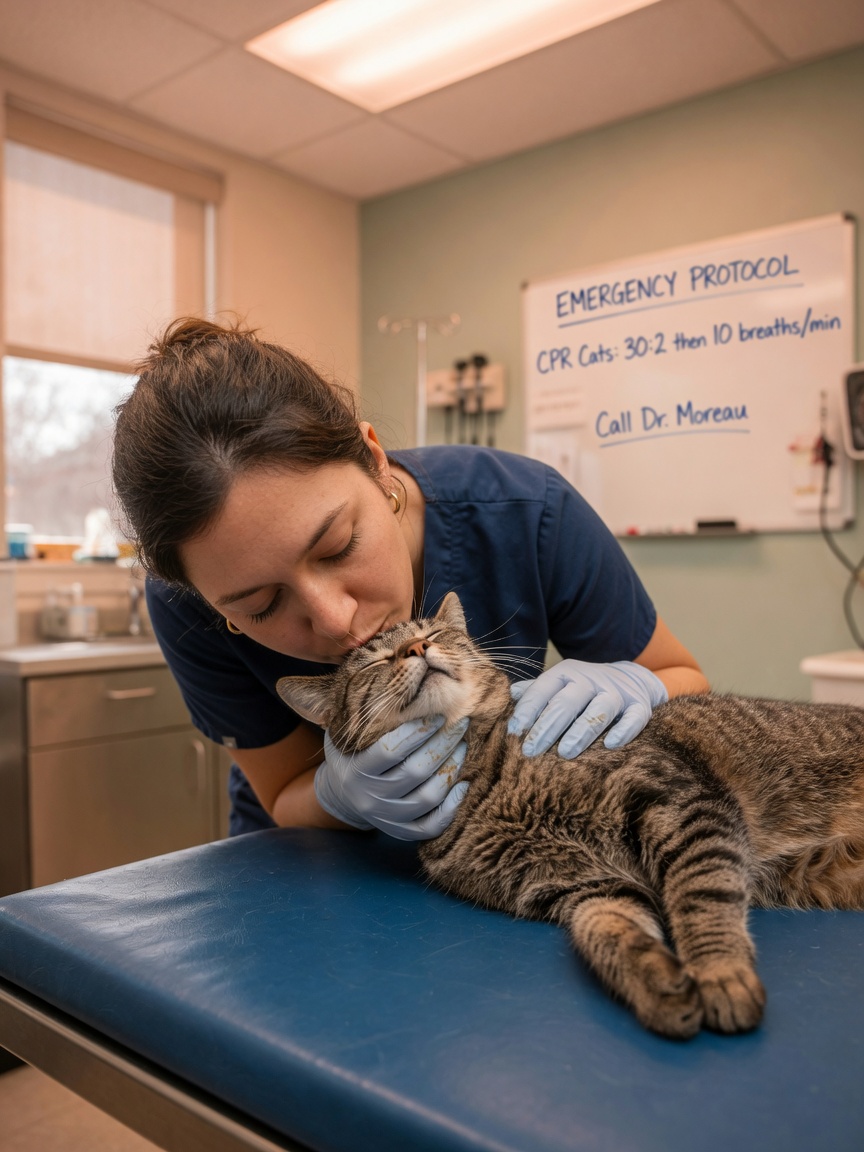 Veterinarian performing rescue breathing on an unconscious cat during CPR