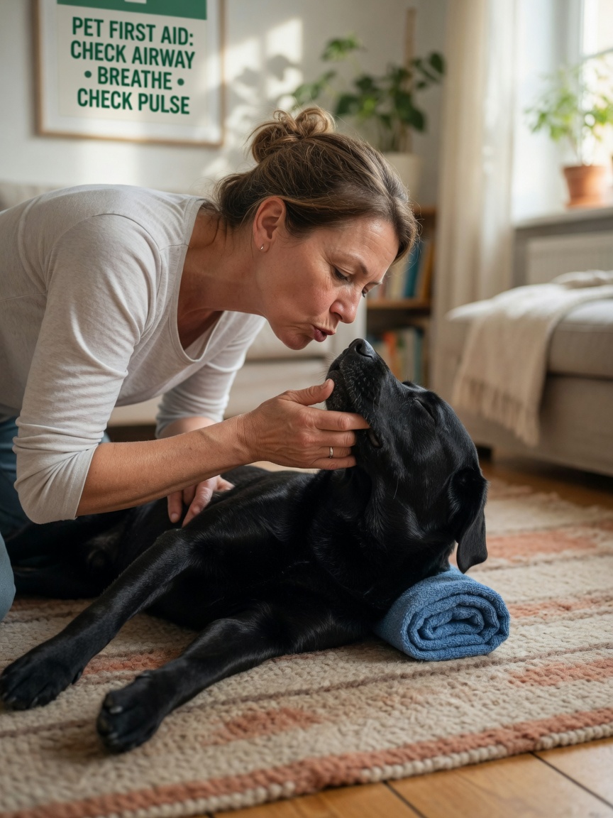 Dog owner performing rescue breathing on an unconscious black Labrador Retriever during CPR
