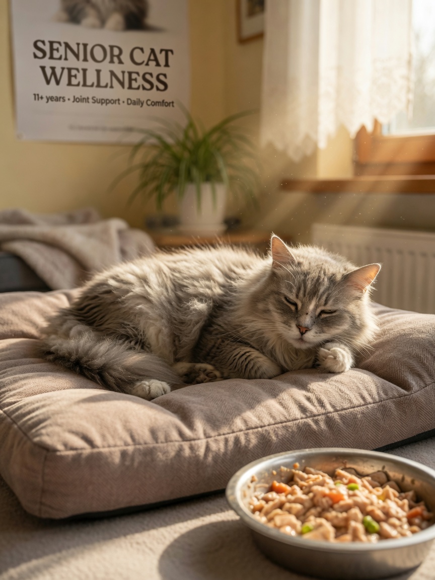 Senior gray and white long-haired cat resting peacefully on orthopedic bed with food bowl nearby