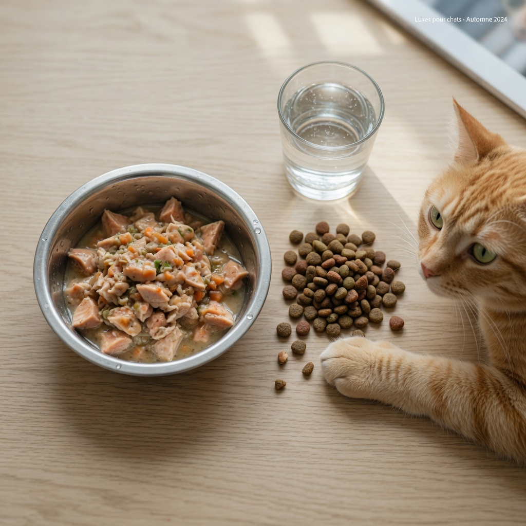 Overhead view of wet cat food and dry kibble with fresh water and ginger cat reaching toward bowl