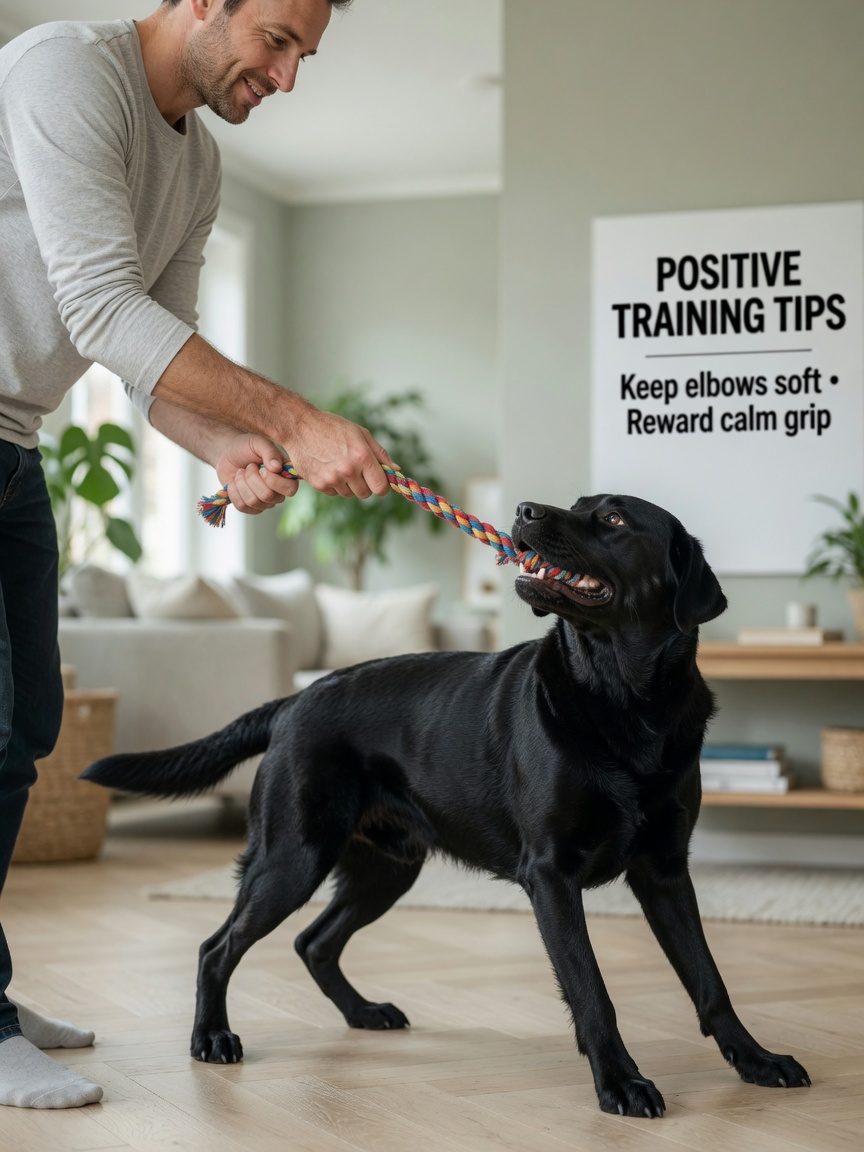 Man demonstrating correct tug of war technique with relaxed arms and chest-level toy grip with Labrador