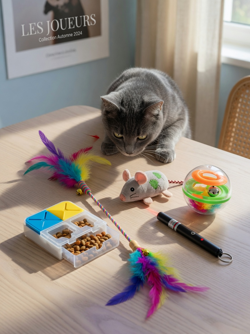 Variety of cat toys including wand toy, plush mouse, puzzle feeder, and ball arranged with cat investigating