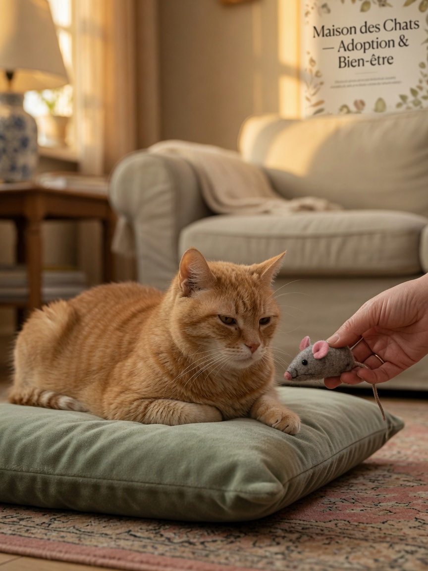 Senior tabby cat engaged in gentle, low-energy play with human hand and toy mouse during afternoon playtime