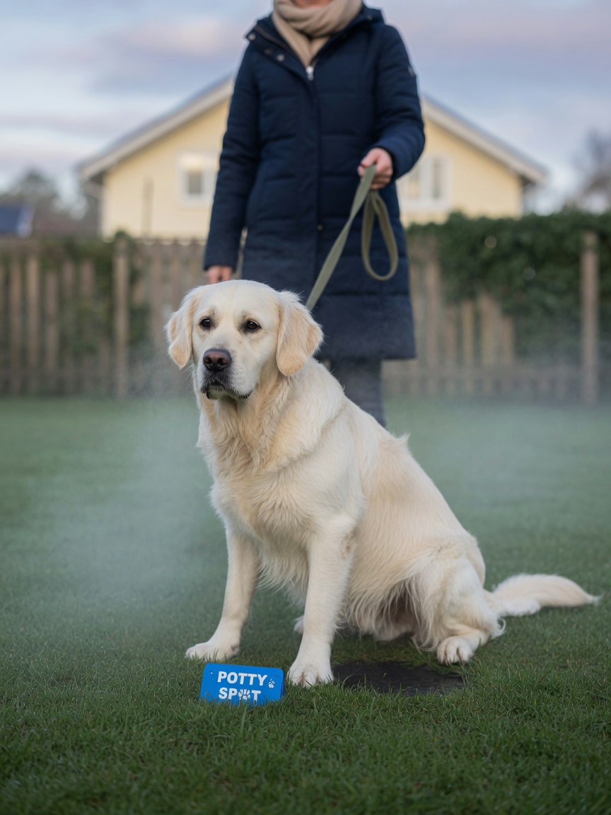 Adult golden retriever in designated outdoor toilet spot during early morning with owner supervising routine potty training