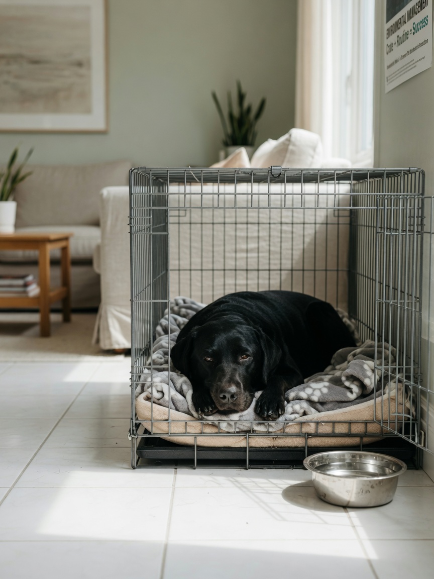 Adult black Labrador resting in wire crate with soft bedding in bright living room with tile flooring for potty training management