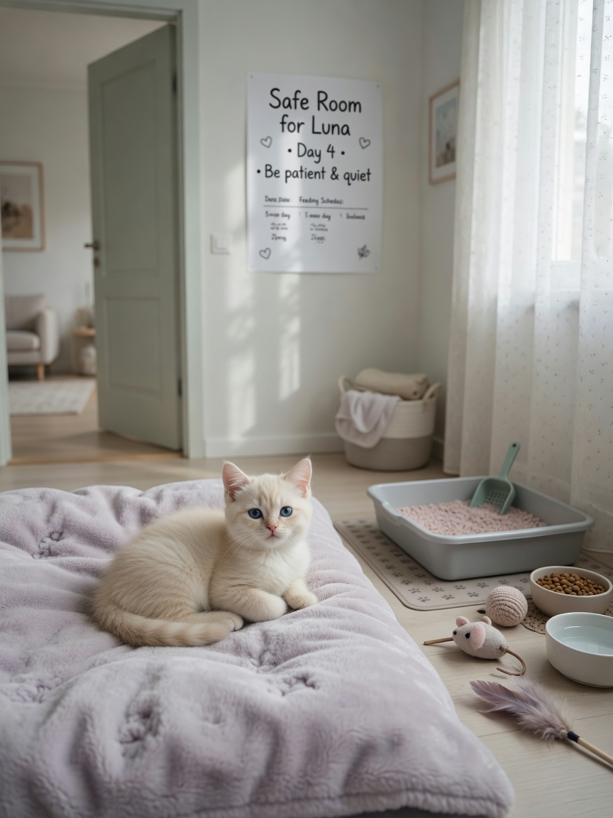 A young cream-colored kitten resting peacefully on a soft bed in a quiet, minimalist sanctuary room with litter box and food bowls visible