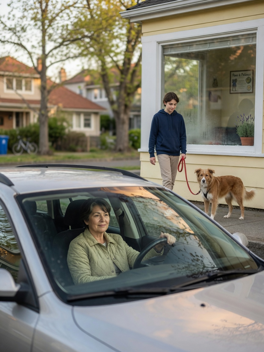 Dog walker with dog visible through a window while owner watches from a parked car at a distance