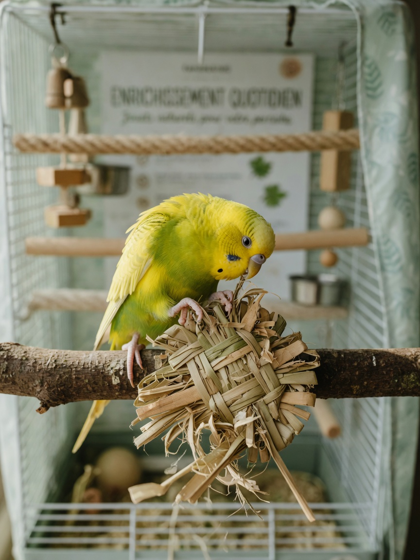 Budgerigar engaging with a destructible woven palm toy, feet manipulating and shredding the material